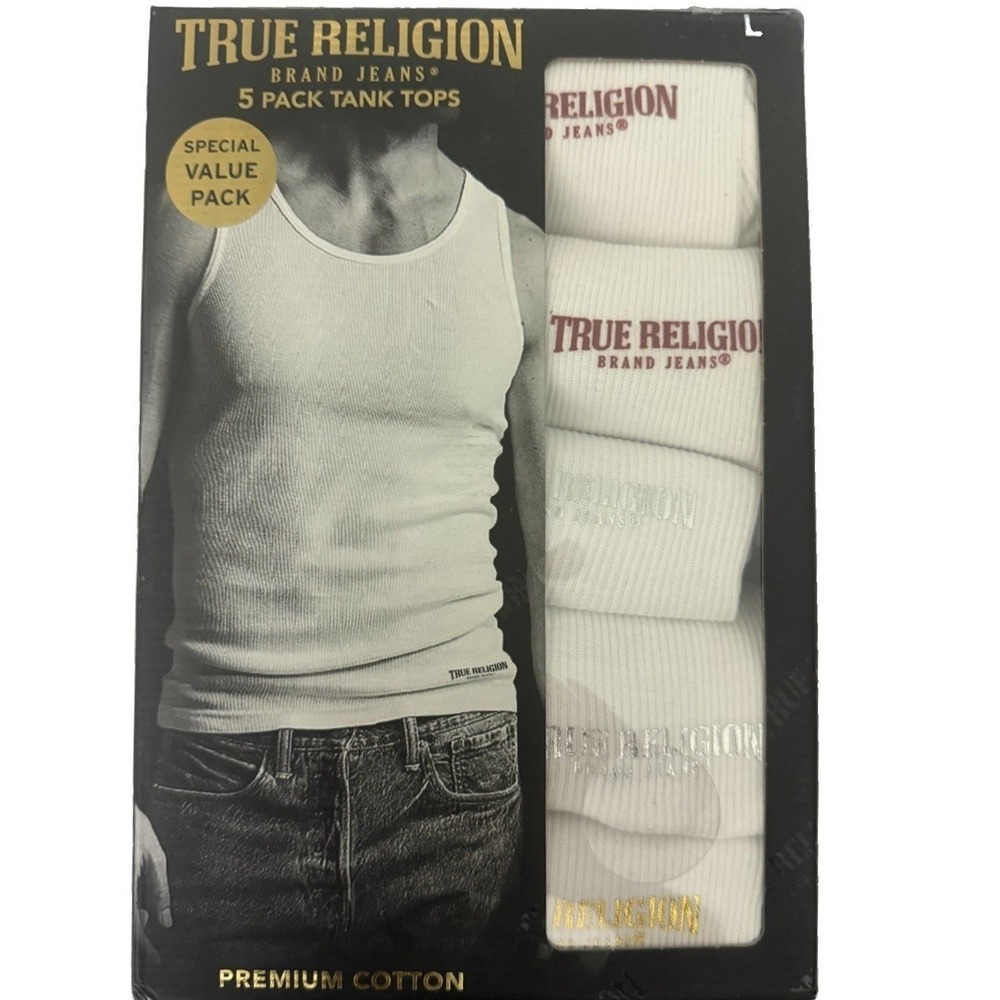 True Religion Men's Tank Tops 5 pack White Size L 42-44 Ribbed with Logo New